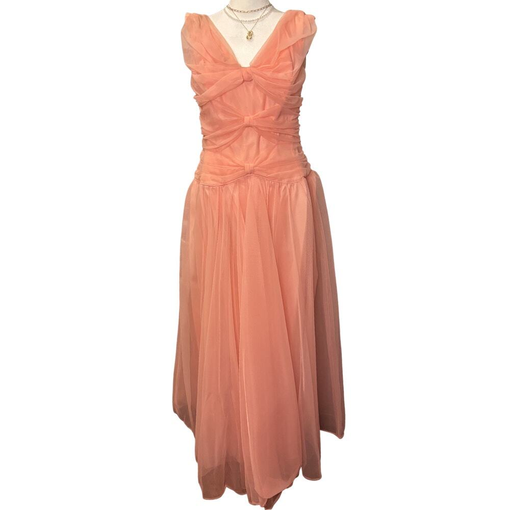 Vintage circa 1950s Peach Chiffon Ruched Bow Formal Gown XS